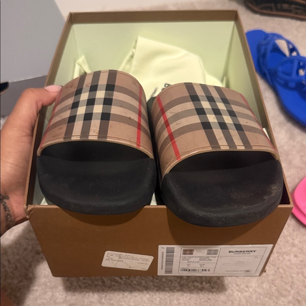 Burberry Beige and Black Check Slides